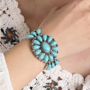 Western Boho Floral Concho Faux Turquoise Silver Adjustable Cuff Bracelet